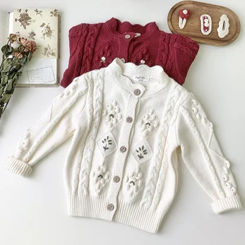 Новый вязаный кардиган для маленьких девочек в стиле ретро, осенний свитер принцессы с цветочной вышивкой, вязаная куртка для девочек с длинным рукавом, детская одежда