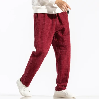 Новый молодежный ремень в китайском стиле, повседневные однотонные льняные мужские брюки из хлопка и конопли, повседневные свободные мужские модные леггинсы
