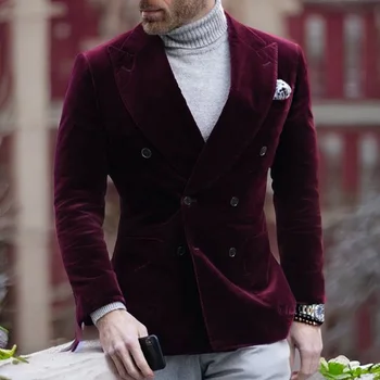 Новый мужской бордовый бархатный блейзер, приталенный повседневный двубортный пиджак с козырьком и лацканами, одно пальто для свадьбы / бизнеса