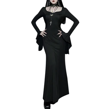 Облегающее платье с длинным рукавом на молнии в готическом стиле, женское облегающее платье, Элегантное длинное платье с летящим рукавом, Элегантный повседневный наряд