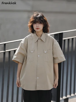 Однотонные рубашки, женский отложной воротник, Свободная летняя однобортная мода, уличная одежда в японском стиле для отдыха, Тонкие топы с коротким рукавом