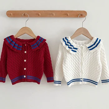 Осенние детские свитера, одежда для мальчиков и девочек, вязаный топ в полоску, кардиган в академическом стиле, вязаное пальто с длинным рукавом для новорожденных, одежда для новорожденных