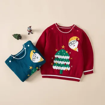 Осенний Рождественский свитер для маленьких девочек 2023 года, Хлопковый вязаный жаккард с длинными рукавами и рисунком, Топы для маленьких девочек, Одежда для маленьких девочек