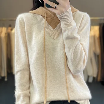 Осень и зима 2023, Новый женский свитер из шерсти мериноса с капюшоном, однотонный вязаный пуловер с длинным рукавом, женский свитер из 100% шерсти