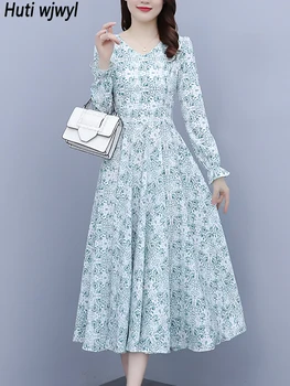 Повседневное длинное платье с V-образным вырезом и длинным рукавом с принтом, весна-осень, женская элегантная роскошная одежда для выпускного вечера 2023, Корейское облегающее вечернее платье Миди
