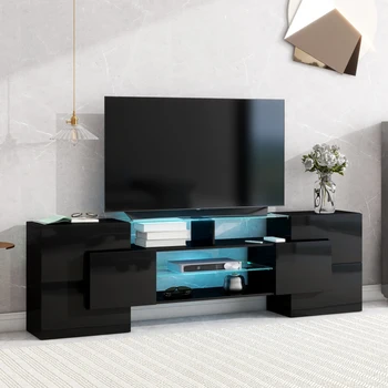 Подставка для телевизора с 2 стеклянными полками с подсветкой, светодиодные лампы для изменения цвета для гостиной, черная