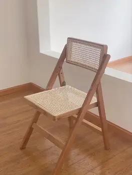 Ретро-складной стул из массива дерева, скандинавский семейный ротанговый стул, бытовой обеденный стул с простой спинкой, японский стул для макияжа в спальне