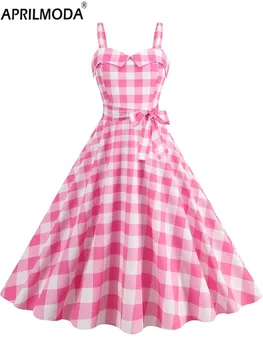 Розовое клетчатое женское винтажное платье-качели с подтяжками в стиле ретро Рокабилли Коктейльная вечеринка 1950-х-40-х годов Повседневное летнее платье-качели