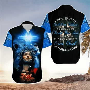 Рубашки с Рисунком Христа Иисуса для Мужчин, Одежда с 3D Принтом, Гавайские Пляжные Рубашки С Коротким Рукавом, Топы y2k, Винтажная Одежда, Блузка С Лацканами