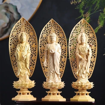 Статуя Гуаньинь для Украшения Дома 29 см Три Будды Деревянные Статуэтки Будды Деревянная Богиня Подарок Искусства