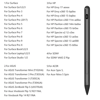 Стилус для планшета 4096 Чувствительный к Нажатию Сенсорный Стилус Type-C Перезаряжаемый с 3 Наконечниками для Microsoft Surface Pro 9/8/7/6/5