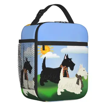 Черно-белая утепленная сумка для ланча с собакой Скотти для женщин, сменный термосумка для ланча с шотландским терьером, школьная сумка для детей