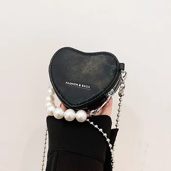 Черного цвета, милая сумка через плечо в форме сердца мини-размера с короткой ручкой из искусственного жемчуга для женщин и девочек