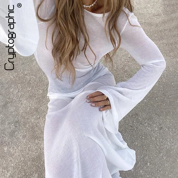Элегантное пляжное платье из белого трикотажа с длинным рукавом, праздничное сексуальное платье с открытой спиной, клубное прозрачное платье Макси для летней вечеринки, халат