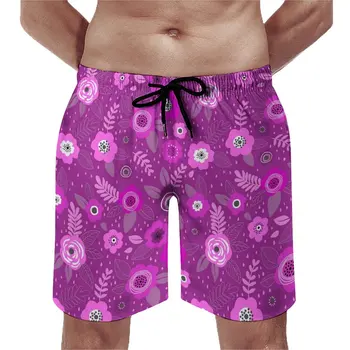 Элегантные пляжные шорты с цветочным рисунком Ditsy, летние пляжные шорты для серфинга с фиолетовыми цветами, быстросохнущие, повседневный дизайн, пляжные плавки больших размеров